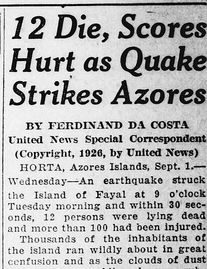 South Bend News-times, South Bend, Indiana: 12 Die, Scores Hurt as Quake Strikes Azores