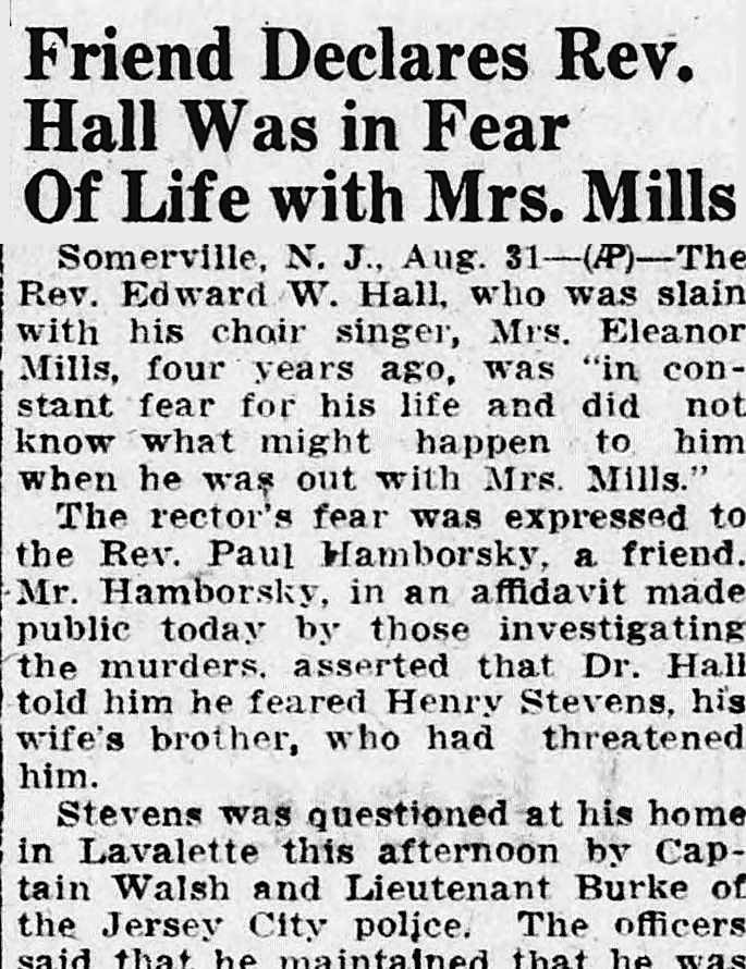 Daily Kennebec Journal, Augusta, Maine: Friend Declares Rev. Hall Was in Fear Of Life with Mrs. Mills