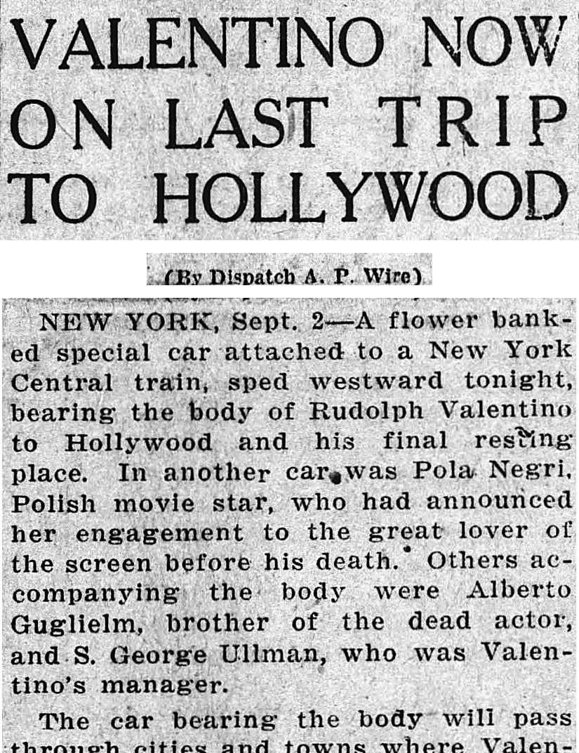 Douglas Daily Dispatch, Douglas, Arizona: VALENTINO NOW ON LAST TRIP TO HOLLYWOOD