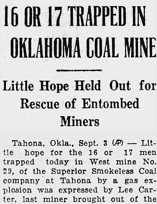 New Britain Herald, New Britain, Connecticut: 16 OR 17 TRAPPED IN OKLAHOMA COAL MINE
