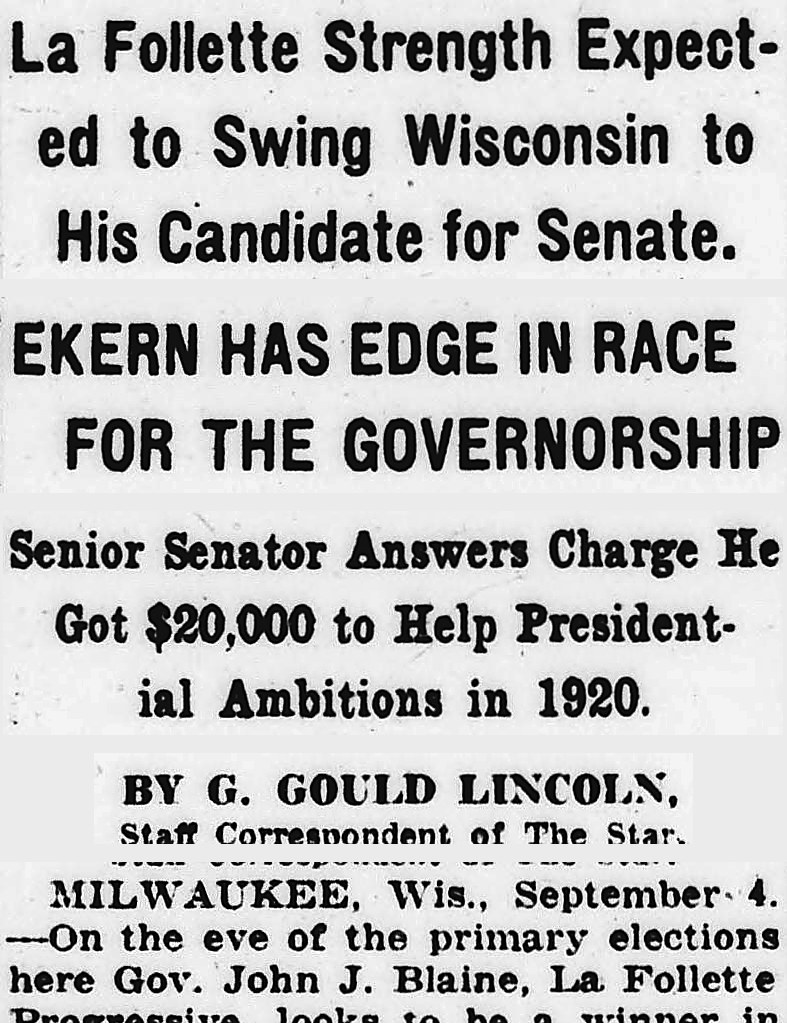 Evening Star, Washington, District Of Columbia: EKERN HAS EDGE IN RACE FOR THE GOVERNORSHIP