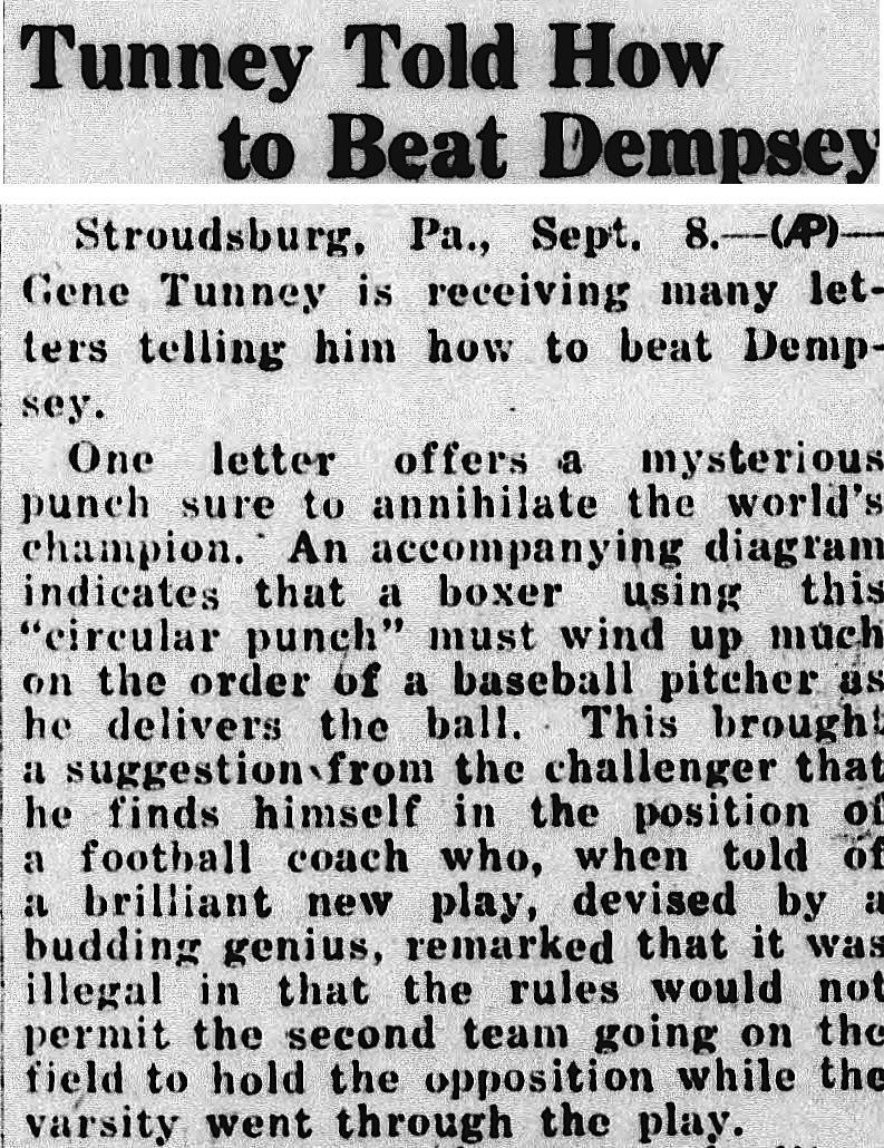 The Bismarck Tribune, Bismarck, North Dakota: Tunney Told How to Beat Dempsey