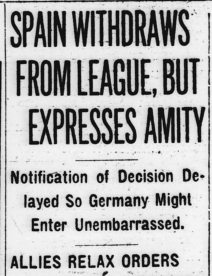 Evening Star, Washington, District Of Columbia: SPAIN WITHDRAWS FROM LEAGUE, BUT EXPRESSES AMITY