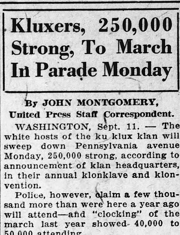 South Bend News-times, South Bend, Indiana: Kluxers, 250,000 Strong, To March In Parade Monday