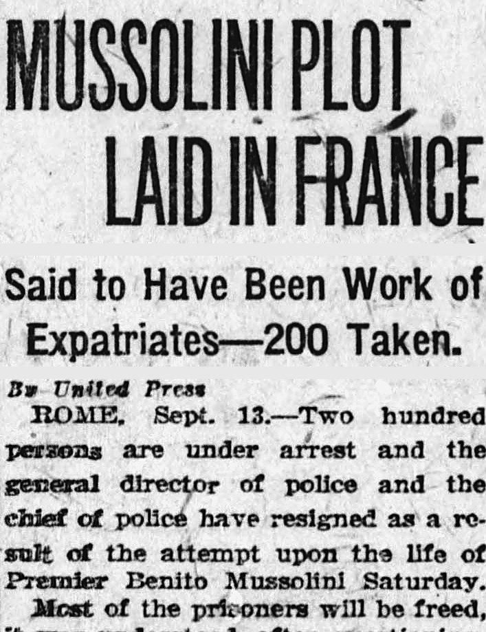 The Indianapolis Times, Indianapolis, Indiana: MUSSOLINI PLOT LAID IN FRANCE