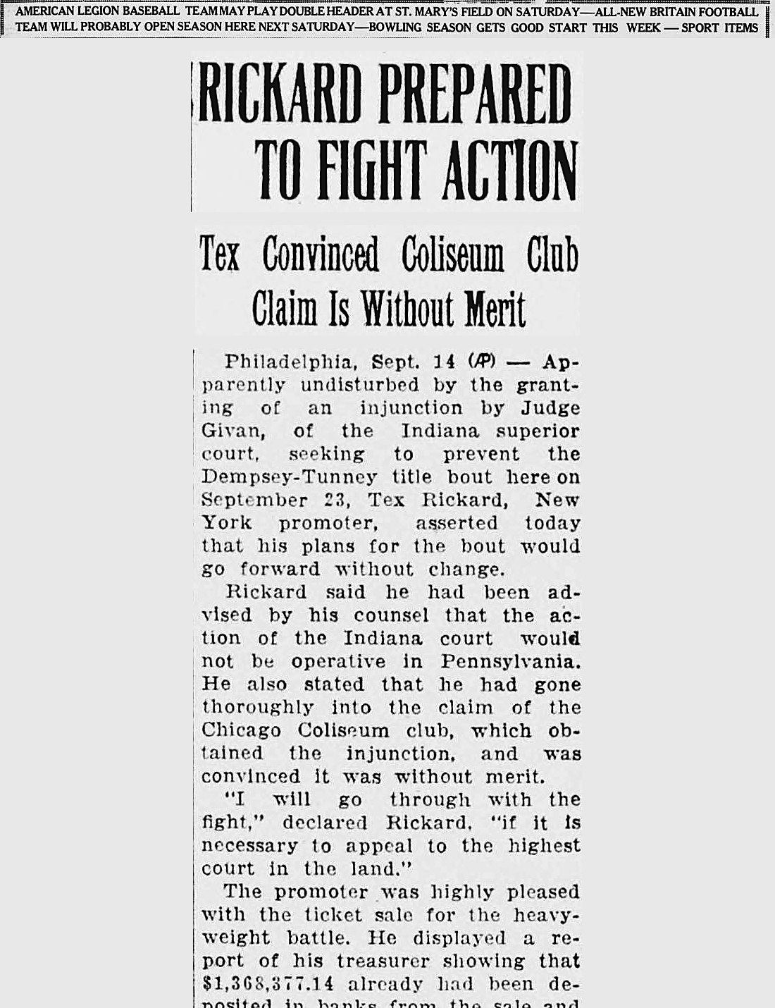 New Britain Herald, New Britain, Connecticut: RICKARD PREPARED TO FIGHT ACTION