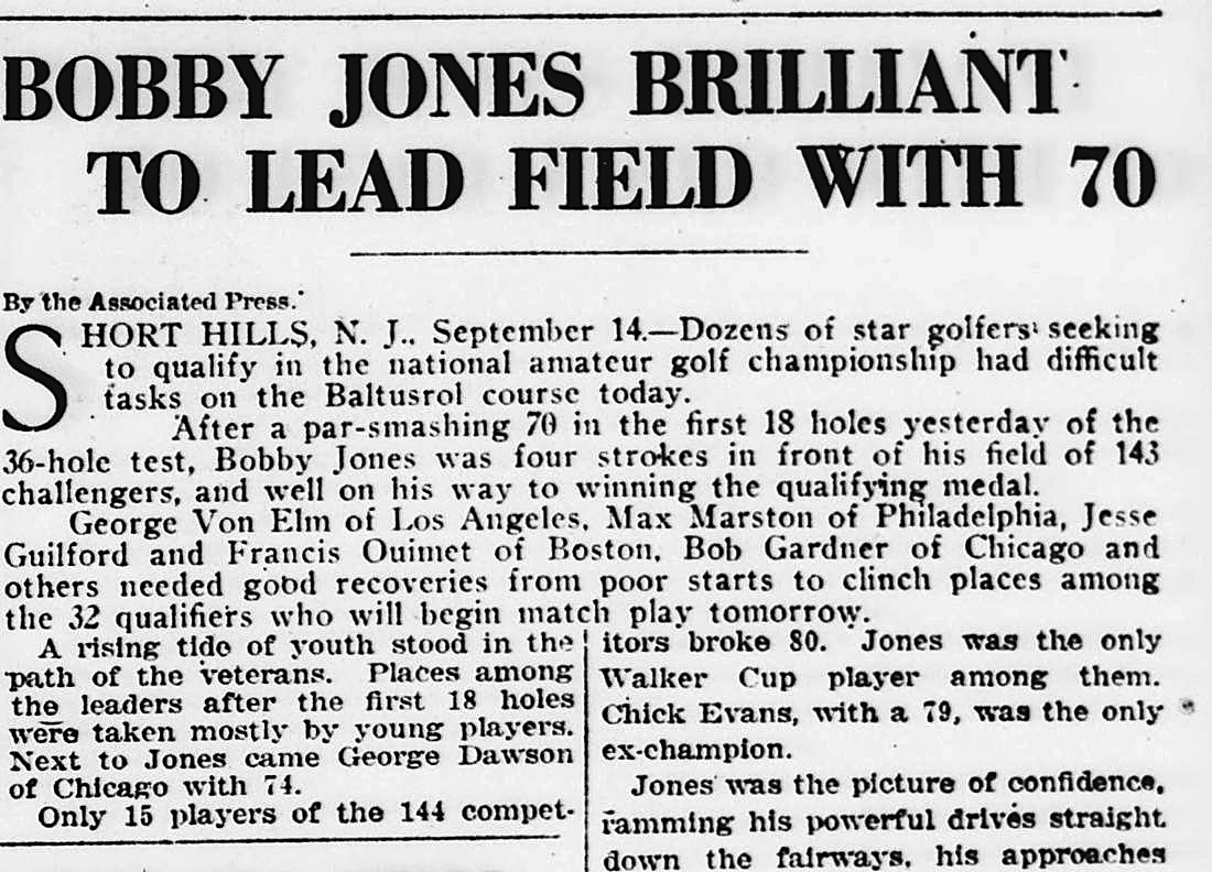 Evening Star, Washington, District Of Columbia: BOBBY JONES BRILLIANT TO LEAD FIELD WITH 70