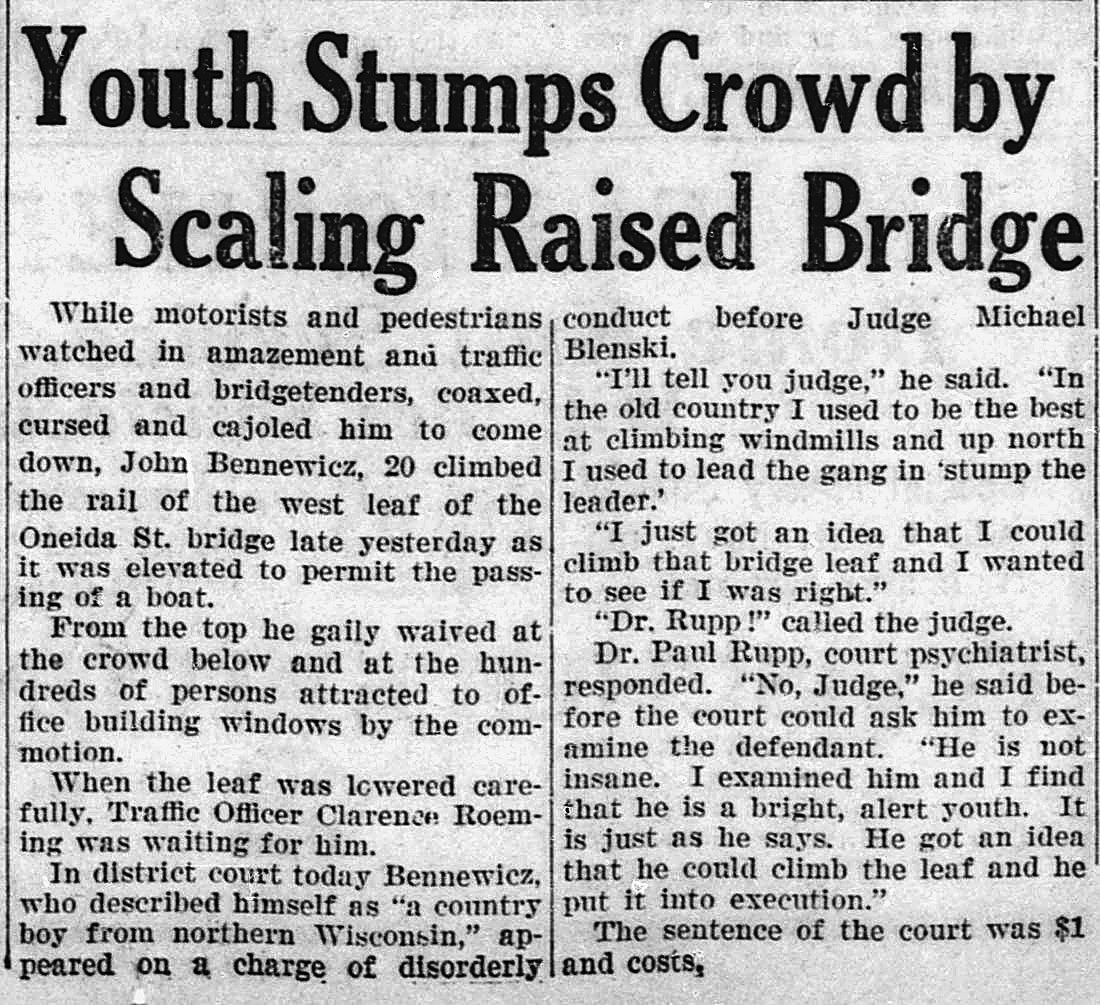 The Milwaukee Leader, Milwaukee, Wisconsin: Youth Stumps Crowd by Scaling Raised Bridge
