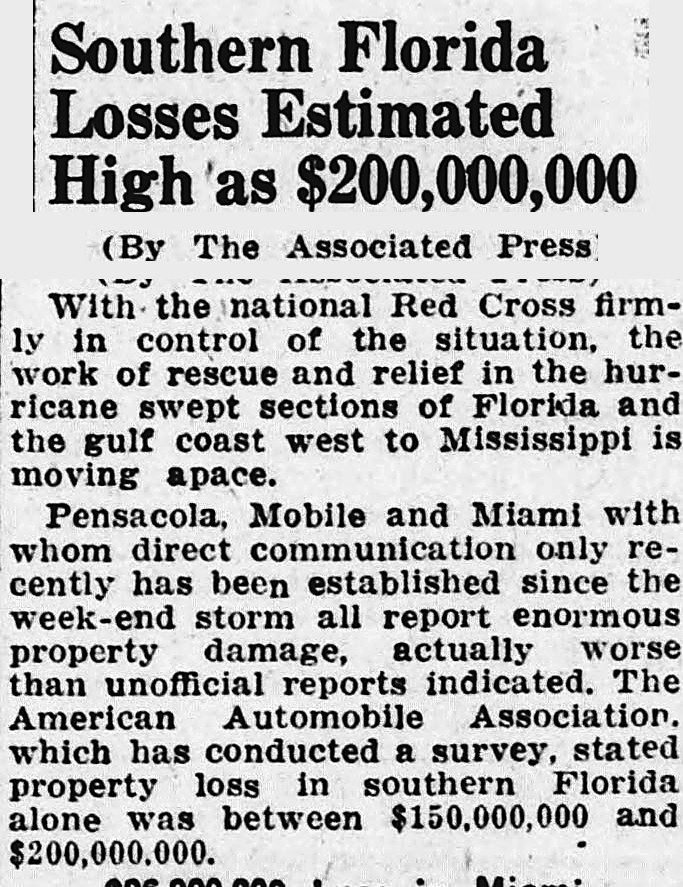 Daily Kennebec Journal, Augusta, Maine: Southern Florida Losses Estimated High as $200,000,000