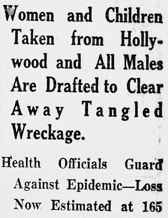 New Britain Herald, New Britain, Connecticut: Women and Children Taken from Hollywood and All Males Are Drafted to Clear Away Tangled Wreckage.