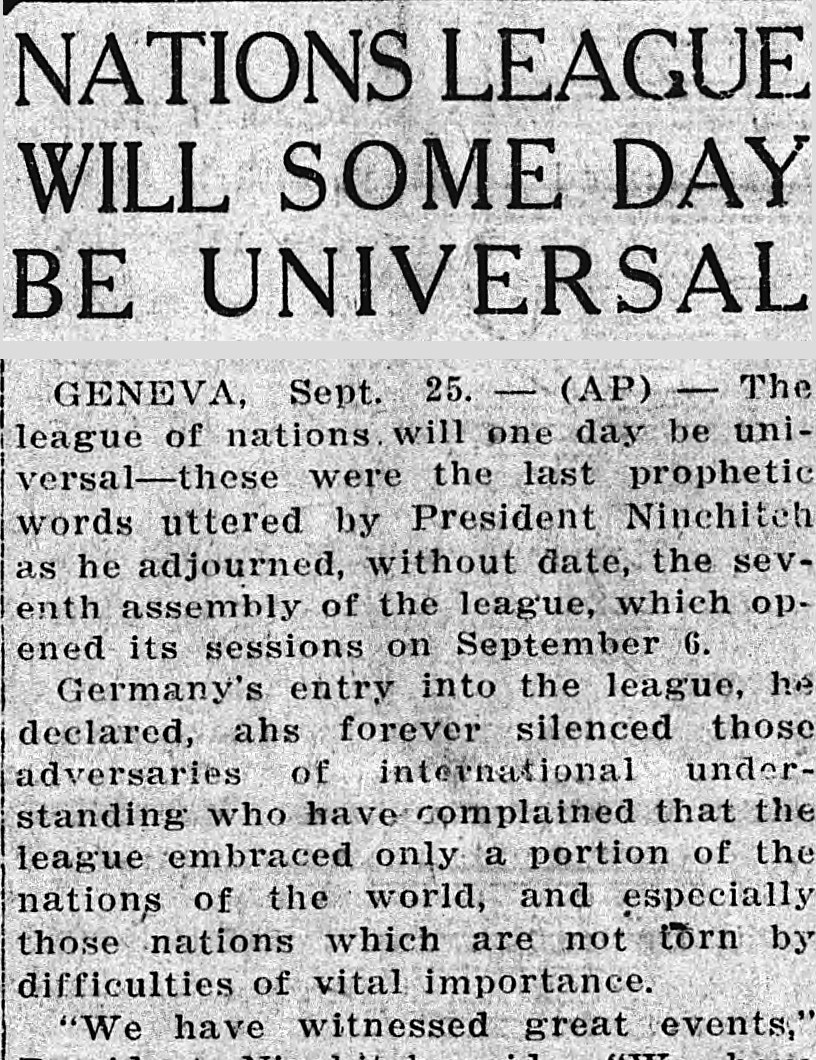 Douglas Daily Dispatch, Douglas, Arizona: NATIONS LEAGUE WILL SOME DAY BE UNIVERSAL