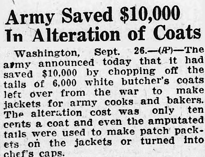 Daily Kennebec Journal, Augusta, Maine: Army Saved $10,000 In Alteration of Coats