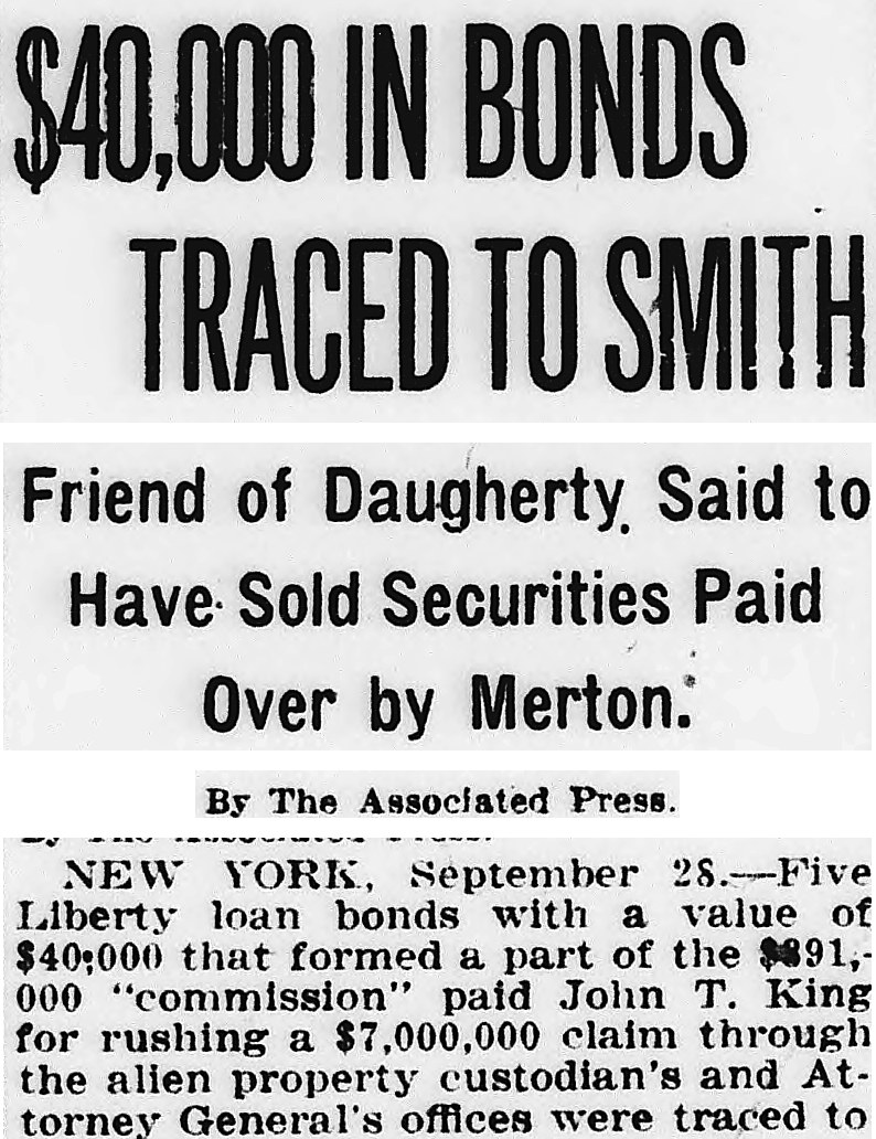 Evening Star, Washington, District Of Columbia: $40,000 IN BONDS TRACED TO SMITH