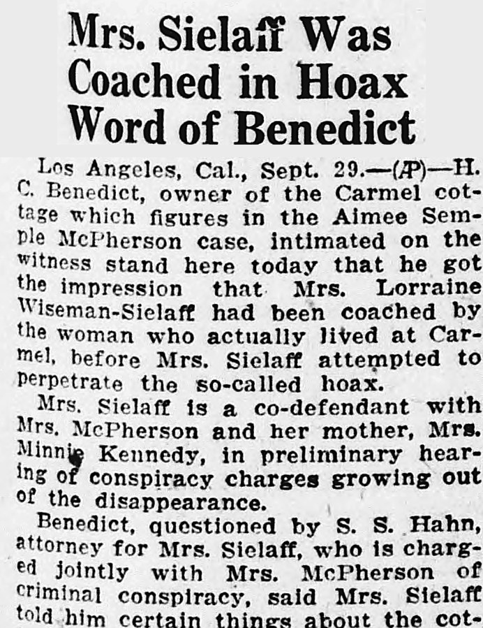 Daily Kennebec Journal, Augusta, Maine: Mrs. Sielaff Was Coached in Hoax Word of Benedict