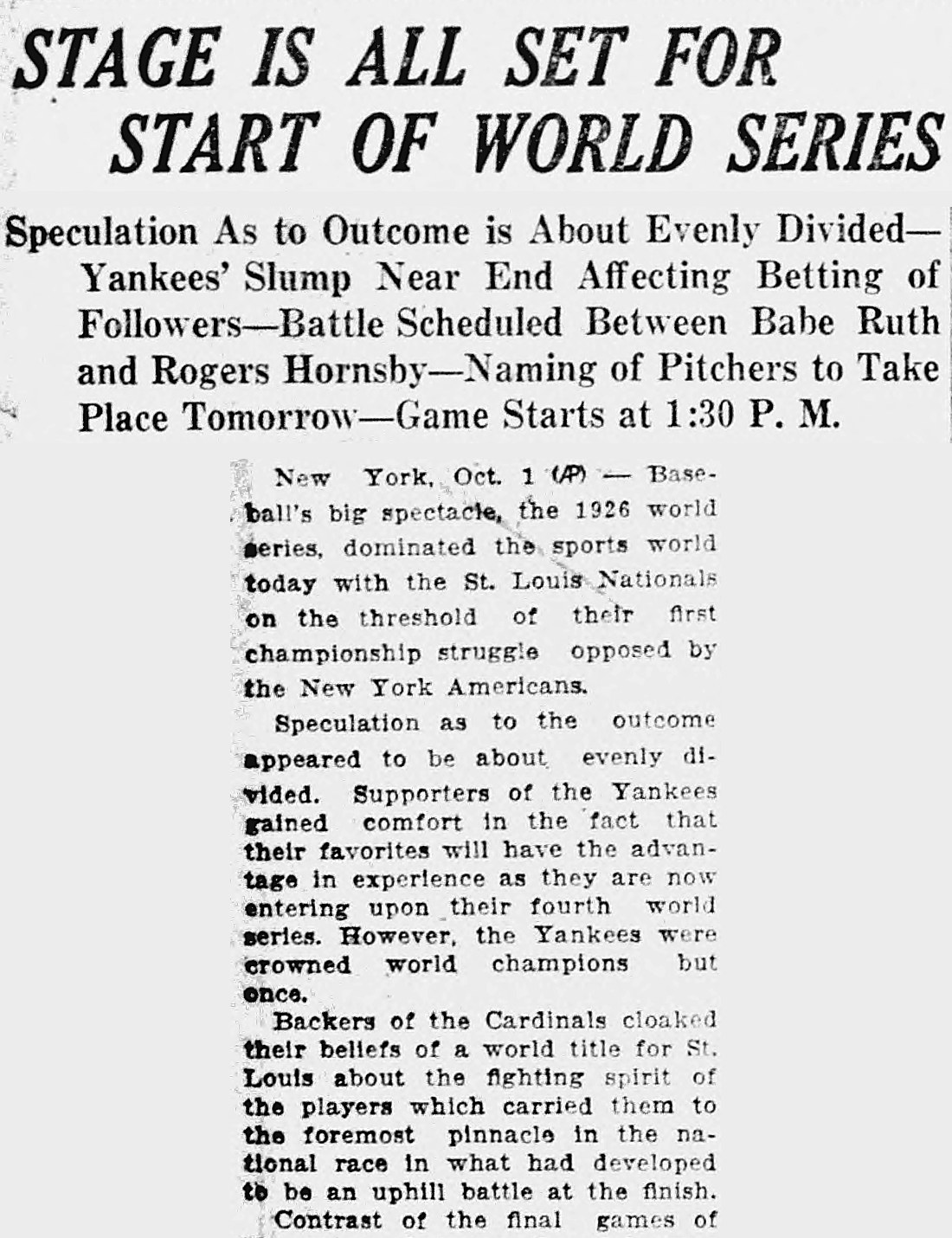 New Britain Herald, New Britain, Connecticut: STAGE IS ALL SET FOR START OF WORLD SERIES