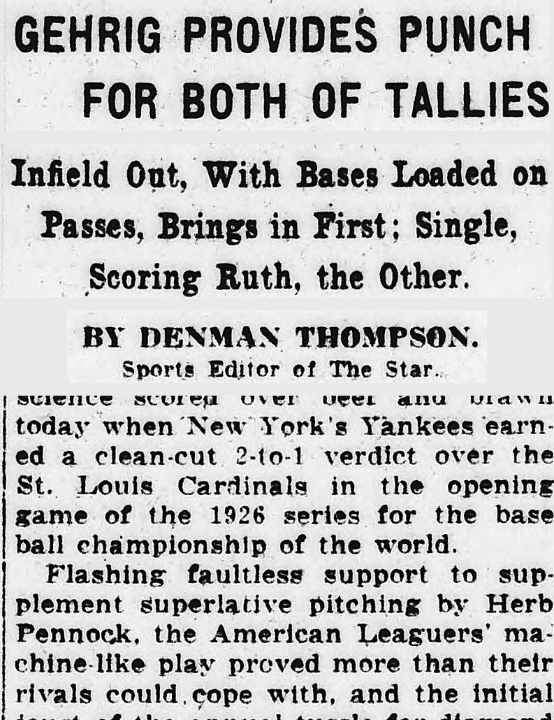 Evening Star, Washington, District Of Columbia: GEHRIG PROVIDES PUNCH FOR BOTH OF TALLIES