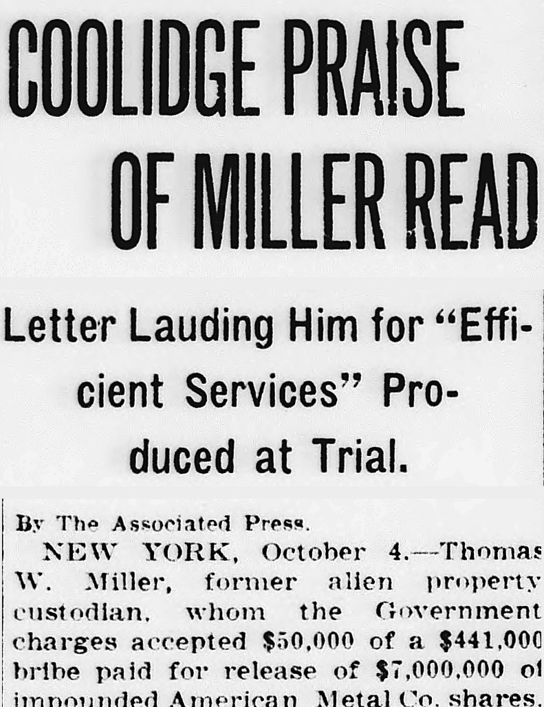 Evening Star, Washington, District Of Columbia: COOLIDGE PRAISE OF MILLER READ