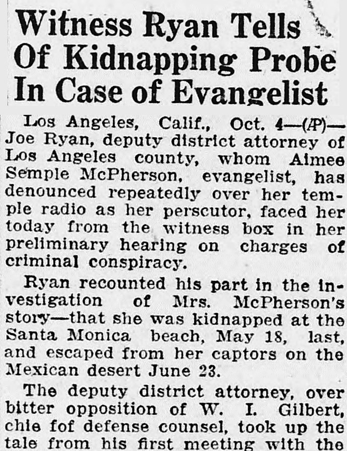 Daily Kennebec Journal, Augusta, Maine: Witness Ryan Tells Of Kidnapping Probe In Case of Evangelist