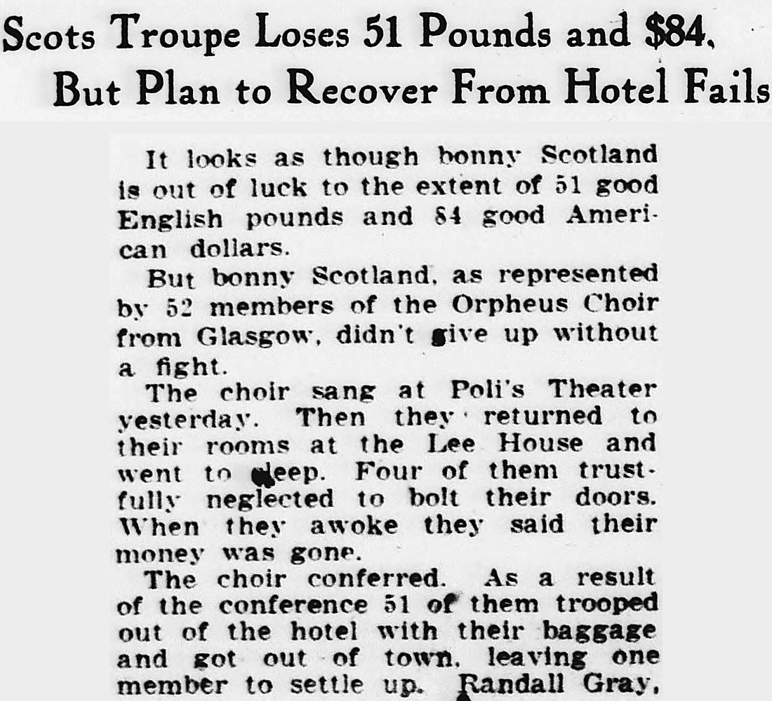 Evening Star, Washington, District Of Columbia: Scots Troupe Loses 51 Pounds and $84, But Plan to Recover From Hotel Fails