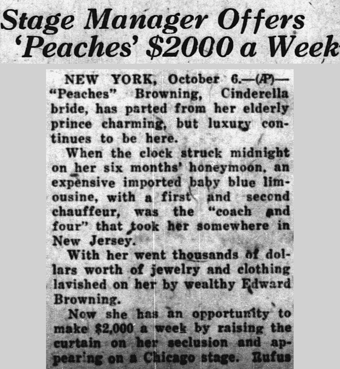 Brownsville Herald, Brownsville, Texas: Stage Manager Offers 'Peaches' $2000 a Week