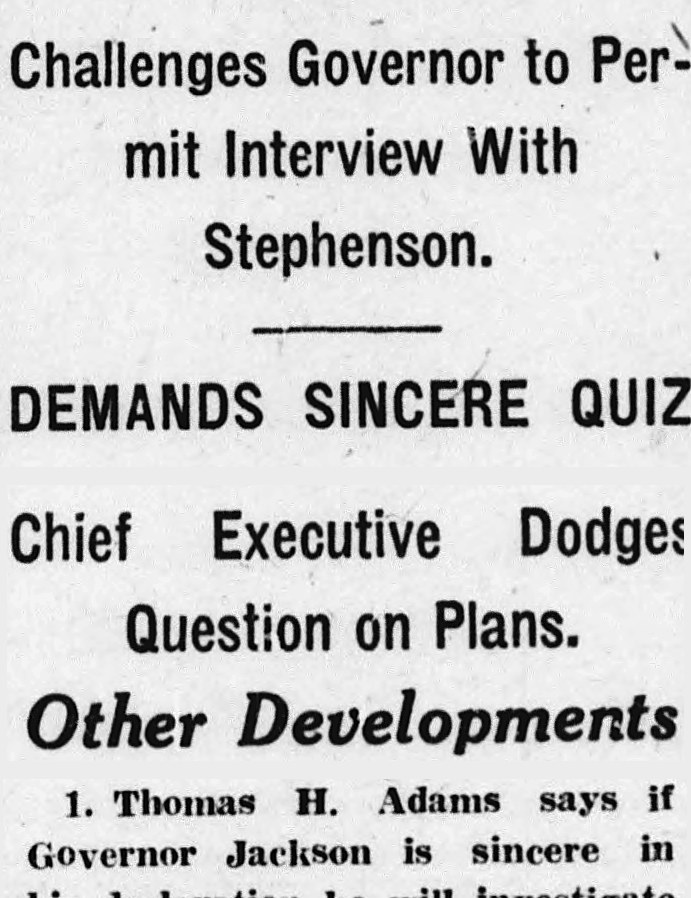 The Indianapolis Times, Indianapolis, Indiana: Challenges Governor to Permit Interview With Stephenson.