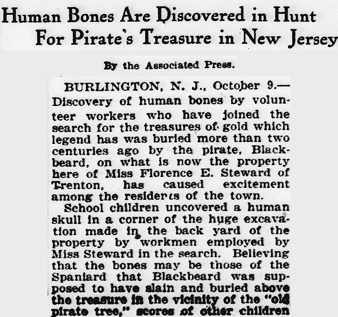 Evening Star, Washington, District Of Columbia: Human Bones Are Discovered in Hunt For Pirate's Treasure in New Jersey