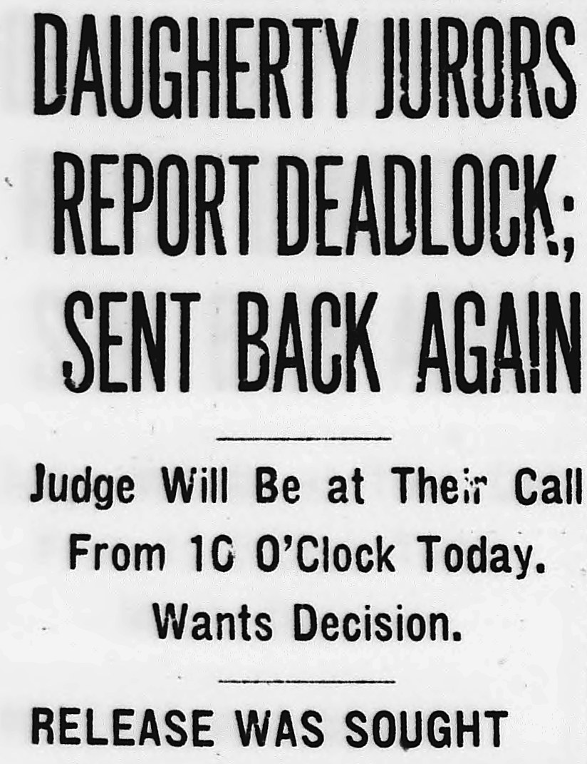 Evening Star, Washington, District Of Columbia: DAUGHERTY JURORS REPORT DEADLOCK; SENT BACK AGAIN