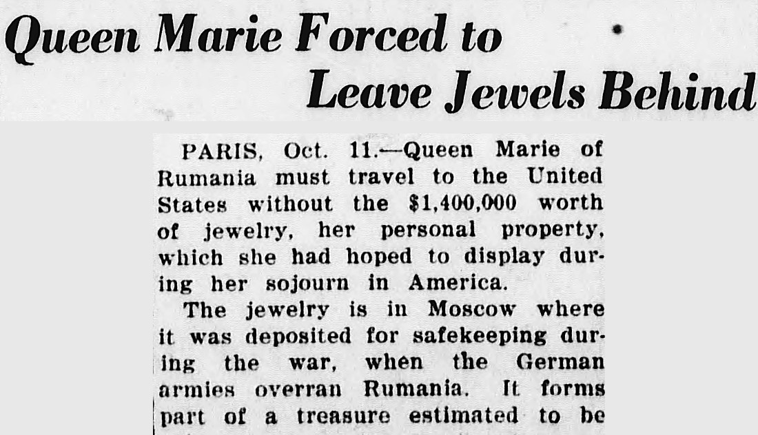 The Alaska Daily Empire, Juneau, Alaska: Queen Marie Forced to Leave Jewels Behind
