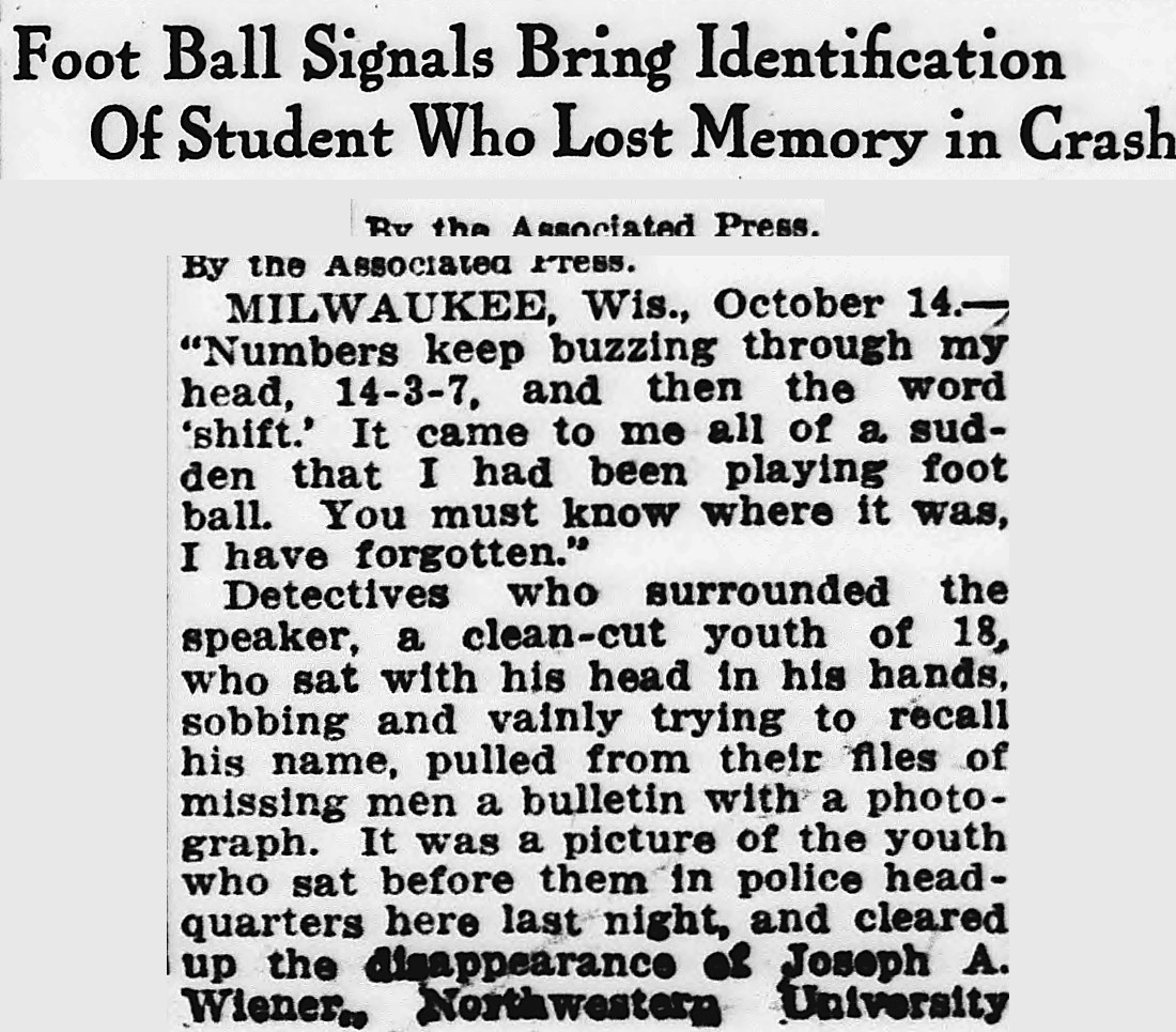 Evening Star, Washington, District Of Columbia: Foot Ball Signals Bring Identification Of Student Who Lost Memory in Crash