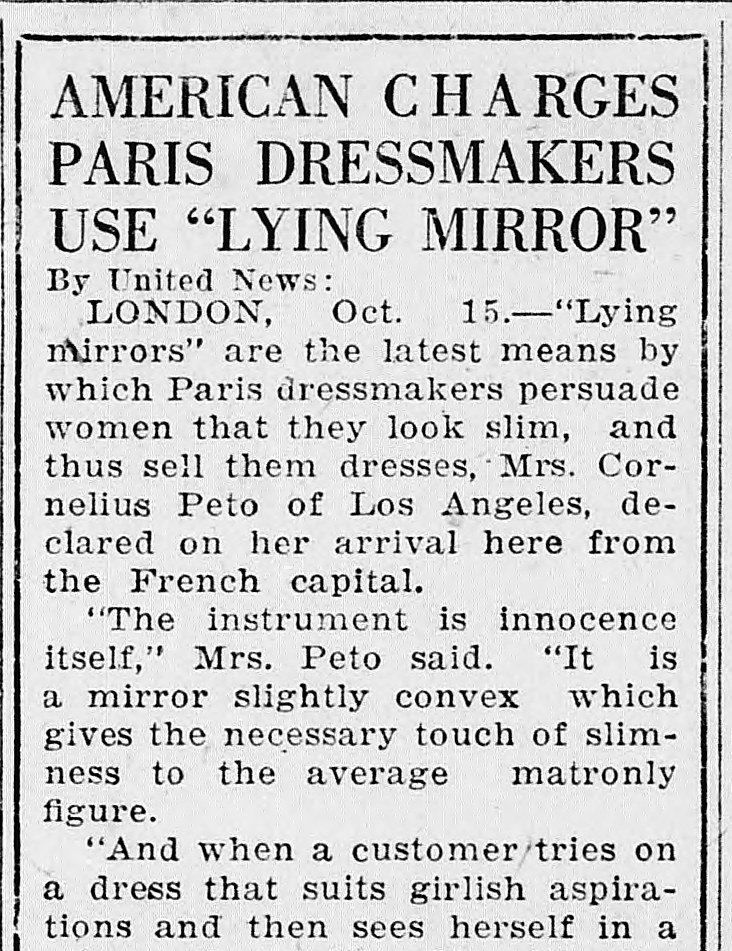South Bend News-times, South Bend, Indiana: AMERICAN CHARGES PARIS DRESSMAKERS USE "LYING MIRROR"