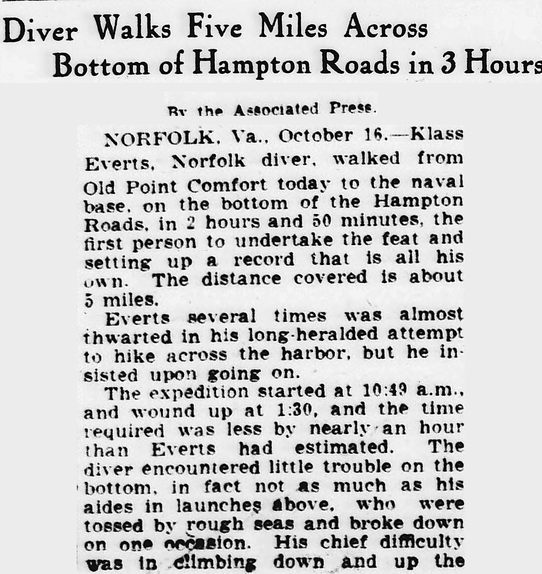 Evening Star, Washington, District Of Columbia: Diver Walks Five Miles Across Bottom of Hampton Roads in 3 Hours