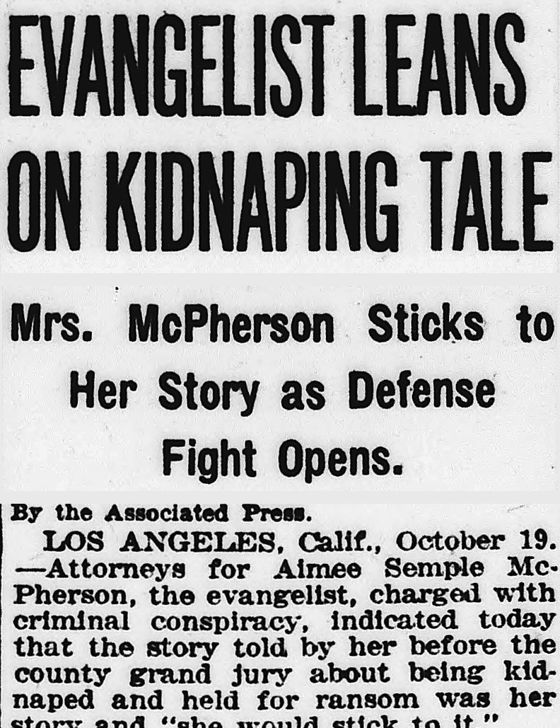 Evening Star, Washington, District Of Columbia: EVANGELIST LEANS ON KIDNAPING TALE