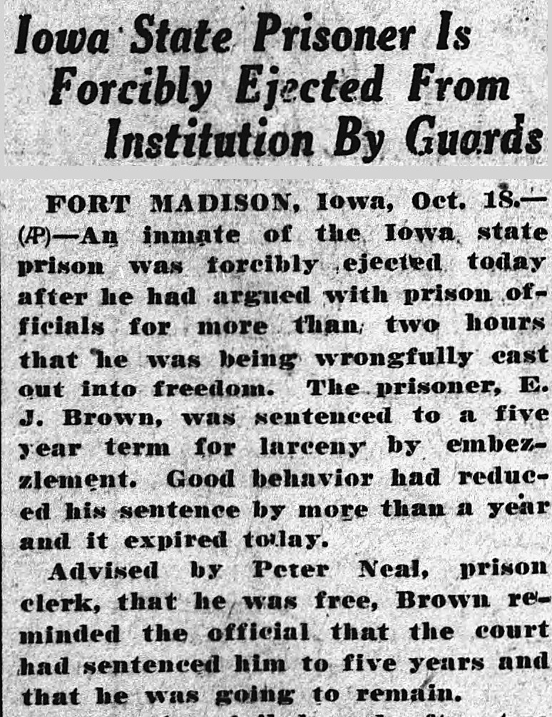 Douglas Daily Dispatch, Douglas, Arizona: Iowa State Prisoner Is Forcibly Ejected From Institution By Guards