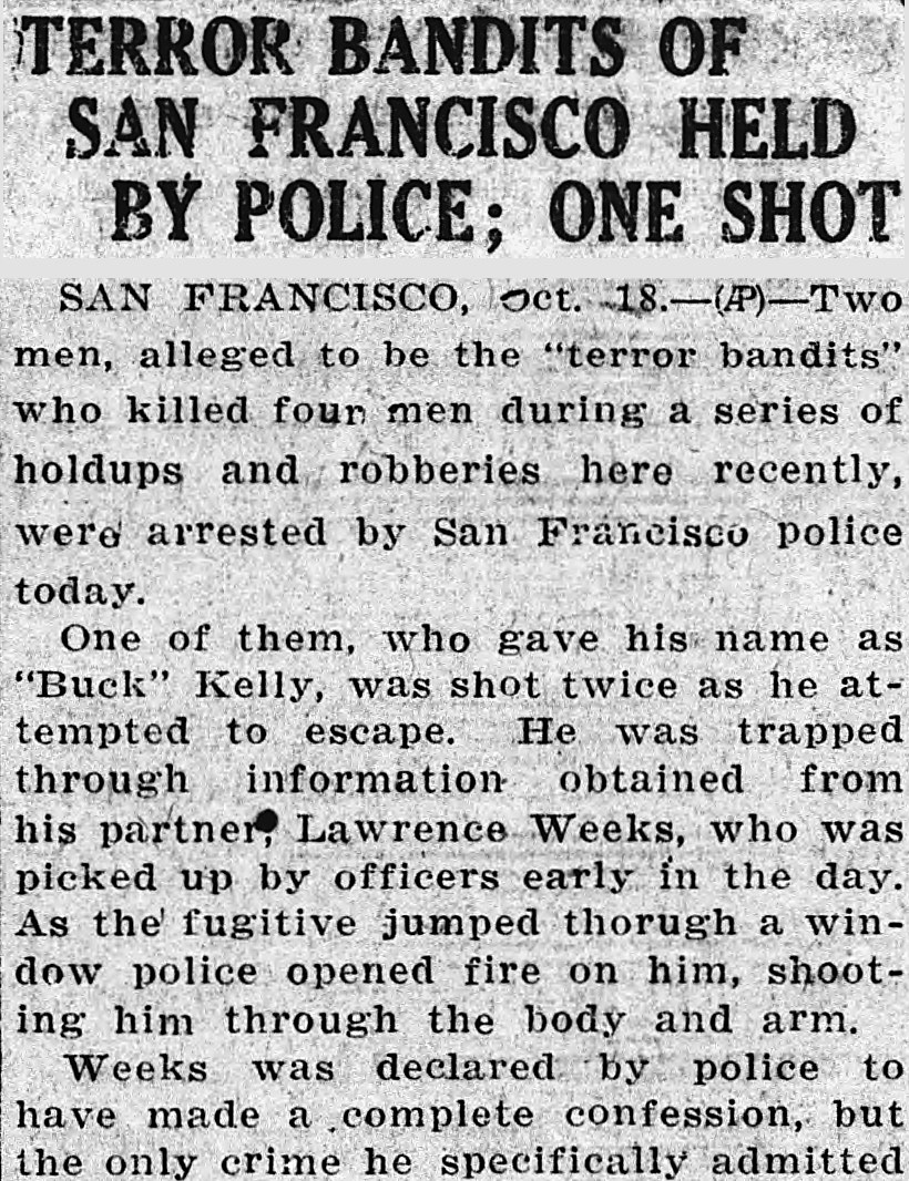 Douglas Daily Dispatch, Douglas, Arizona: TERROR BANDITS OF SAN FRANCISCO HELD BY POLICE; ONE SHOT