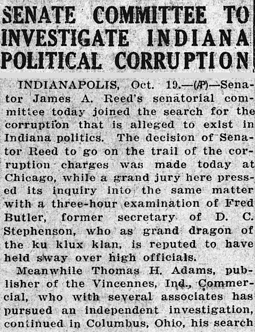 Douglas Daily Dispatch, Douglas, Arizona: SENATE COMMITTEE TO INVESTIGATE INDIANA POLITICAL CORRUPTION