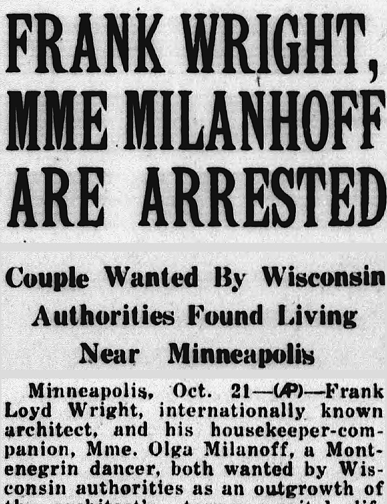 The Bismarck Tribune, Bismarck, North Dakota: FRANK WRIGHT, MME MILANHOFF ARE ARRESTED